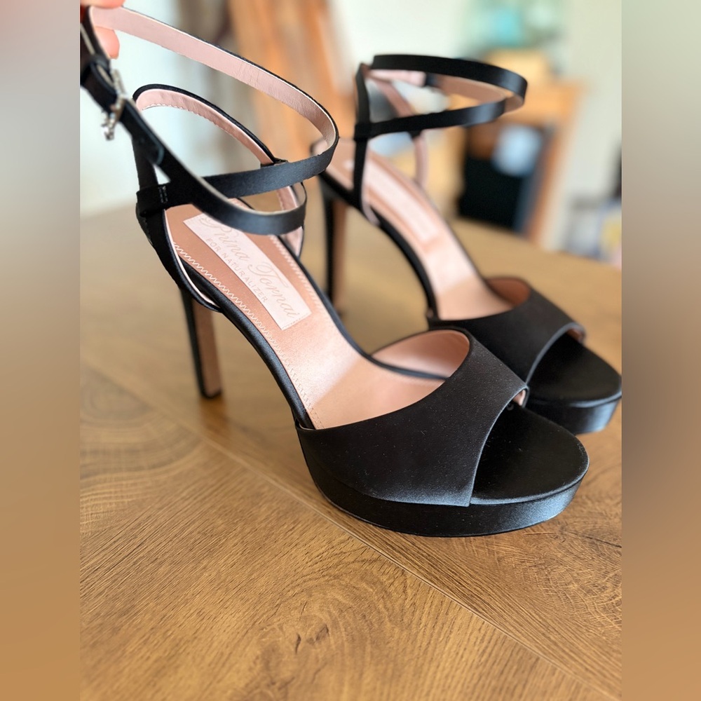 Pnina Tornai Black Satin Platform Stiletto Sandals with Double Straps